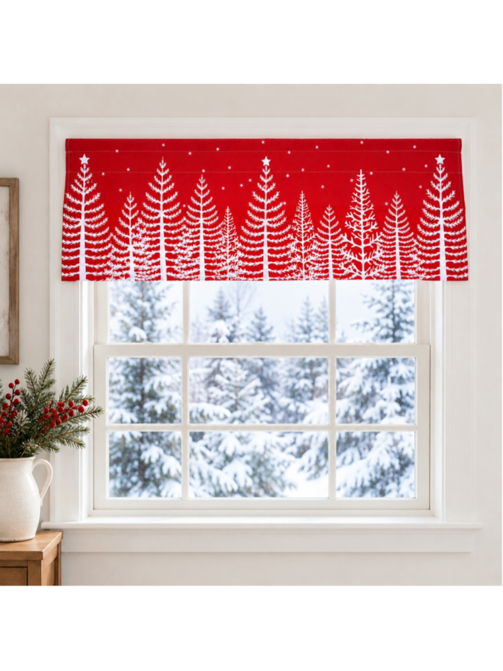 Christmas Tree Window Valance - 54x18 - Red White Rod Pocket Curtain - NWOT